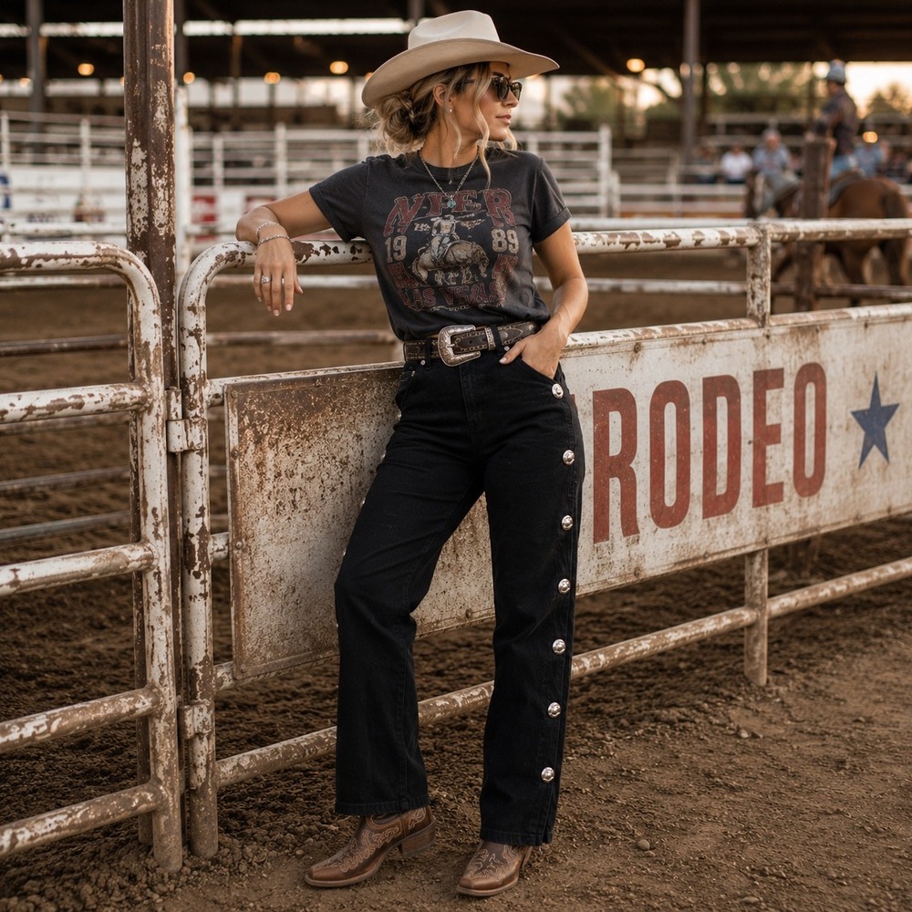 Vintage Roughrider by Circle T Black Western Jeans 3/4 Silver Concho High Rise
